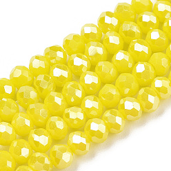 Yellow Electroplate Glass Beads Strands, Opaque Solid Color, AB Color Plated, Faceted, Rondelle, Yellow, 2.9~3.3x2mm, Hole: 0.8mm, about 145~150pcs/strand, 34~35cm