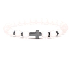 Jade Blanco Pulseras elásticas redondas de cuentas de jade blanco natural esmerilado de 8 mm con cruz de hematita sintética no magnética, 7.48 pulgada (19 cm)