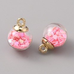 Ярко-Розовый Стеклянные подвески, с пластиковой фурнитурой и сердечками из пенопласта внутри, круглые, ярко-розовый, 21.5x16 мм, отверстие : 2.2 мм