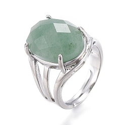 Зеленый Авантюрин Регулируемые граненые кольца из натурального зеленого авантюрина, с платиновой и латунной фурнитурой, овальные, Размер 8, внутренний диаметр: 18 мм