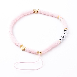 Pink Heishi Perlen-Mobile-Riemen aus Polymerton, Telefonschmuck, mit Acryl-Emaille-Perlen und Messingperlen, Wort Liebe, golden, rosa, 20 cm