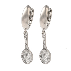 Платина Серьги-кольца из латуни с микропаве и прозрачным фианитом, без кадмия и без свинца, долговечный, форма теннисной ракетки, платина, 34x7.5 мм