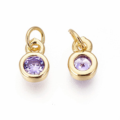 Lilac Brass with Single Cubic Zirconia Charms, Single Stone Charms, Flat Round, Golden, Lilac, 6.5x4.5x2mm, Hole: 2.5~3mm