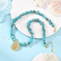 Shell Shape Ocean Brass Sea Animals Pendant Synthetic Turquoise Chip Beaded Necklaces for Women, Golden, Conch Shell Shape, 15.75 inch(40cm), pendant: 26x20mm