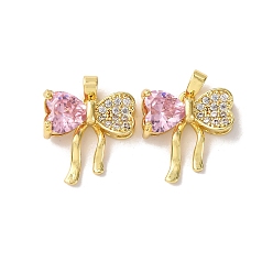 Бледно-Розовый Латунные микро проложить кубического циркония подвески, бантом прелести, реальный 18 k позолоченный, розовый жемчуг, 18x17x6 мм, отверстие : 4x2.5 мм