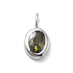 Желто-Зеленый 925 овальные подвески из стерлингового серебра с кубическим цирконием, Подвески из камней-талисманов с 925 штампом, серебряный цвет гальваническим, желто-зеленый, 14.5x8x3 мм, отверстие : 3.5x2 мм
