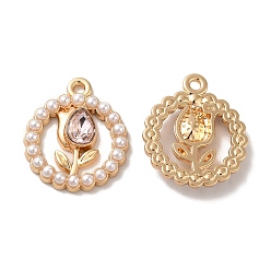 Lavender Blush Rack Plating Alloy Glass Pandants, Nickel Free, with ABS Plastic Imitation Pearl, Flat Round with Flower Charms, Golden, Lavender Blush, 20.5x17.5x4mm, Hole: 2mm