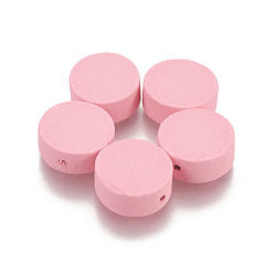Pink Природных шарики древесины, окрашенные, плоско-круглые, розовые, 14.5~15x5.5~6 мм, отверстие : 1 мм