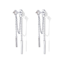 Платина Серьги-гвоздики в форме палочки из латуни с микропаве из прозрачных кубических цирконий с цепочкой и кисточками, платина, 40 мм