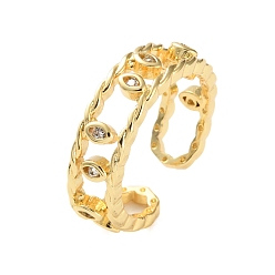 Прозрачный Открытые манжеты из латуни с микро-паве и кубическим цирконием для женщин, без свинца и без кадмия, долговечный, реальный 18 k позолоченный, лист, прозрачные, регулируемый, 7 мм