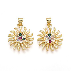 Настоящее золото 18K Латунные микро проложить кубического циркония подвески, без кадмия и без свинца, солнце, реальный 18 k позолоченный, 20.5x18x2 мм, отверстие : 3.5x5 мм