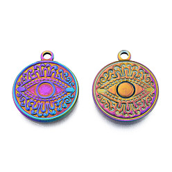 Rainbow Color Ion Plating(IP) 201 Stainless Steel Pendants, Flat Round with Eye, Rainbow Color, 24x20.5x2mm, Hole: 2mm