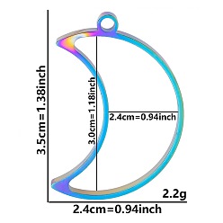 Луна Подвески с открытой задней панелью из нержавеющей стали, для diy уф смолы, эпоксидная смола, Прессованные цветочные украшения, Радуга цветов, луна, 35x24x3 мм, отверстие : 2.2 мм