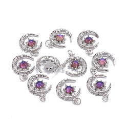 Mauve Brass Micro Pave Clear Cubic Zirconia Glass Pendants, with Jump Ring, Long-Lasting Plated, Moon, Cadmium Free & Lead Free, Real Platinum Plated, Mauve, 21x16.5x4.5mm, Jump Ring: 5x0.8mm, 3.5mm Inner Diameter