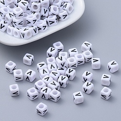 Letter V Acrylic Horizontal Hole Letter Beads, Cube, White, Letter V, Size: about 6mm wide, 6mm long, 6mm high, hole: about 3.2mm, about 2600pcs/500g