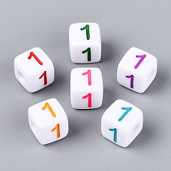Number Непрозрачные акриловые европейские большие бусины, куб с числа 1, с эмалью, число, 9.5~10x9.5~10x9.5~10 мм, отверстие : 4 мм