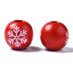 Red Painted Natural Wood European Beads, Large Hole Beads, Printed, Christmas, Round with Snowflake, Red, 16x15mm, Hole: 4mm