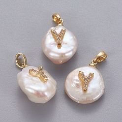 Letter Y Подвески из натурального пресноводного жемчуга, с латунными микро проложить кубических выводы циркония, самородки с буквой, долговечный, золотые, прозрачные, letter.y, 17~27x12~16x6~12 мм, отверстие : 4x2.5 мм