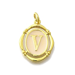 Letter V Латунные подвески, с эмалью, овальный с буквой, реальный 18 k позолоченный, с целью перехода в кольце, Буква V, 20x15~15.5x2 мм, отверстие : 3.5 мм