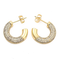 Golden Brass Pave Clear Cubic Zirconia Stud Earrings, Toroidal, Golden, 19.5x3.5mm