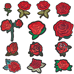 Красный 26 шт. 3 стили полиэстеровые нашивки на одежду, роза, красные, 45~82x26~81x1~1.5 мм