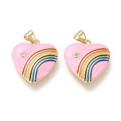 Бледно-Розовый Латунные микро проложить кубического циркония подвески, с эмалью, реальный 18 k позолоченный, сердце и радуга, розовый жемчуг, 21x18.5x3.5 мм, отверстие : 3.5x5 мм