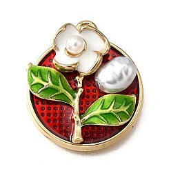 Темно-Красный Подвески из эмали и сплава, с ABS имитации жемчуга, плоские круглые с цветком, стойки покрытие, долговечный, без свинца, без кадмии и без никеля, золотые, темно-красный, 24x20.5x7.5 мм, отверстие : 1.8 мм