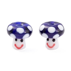 Blue Handmade Lampwork Beads, Smiling Face Mushroom Beads, Blue, 13x13mm, Hole: 3mm