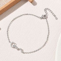 Platino Pulseras de eslabones con forma de luna y estrella, con microincrustaciones de circonitas cúbicas transparentes., larga duración plateado, chapado en rack, sin plomo y el cadmio, Platino, 6.69 pulgada (17 cm)