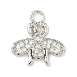 Bees Латунные микропаве прозрачные подвески с фианитом, платина, Пчелы, 14x13x1 мм, отверстие : 2 мм