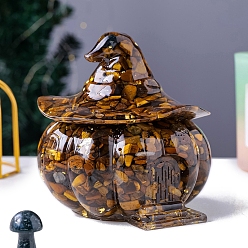 Тигровый глаз Подарочные коробки из смолы, с натуральным тигровым глазом внутри тыквенной конфетницы, Хэллоуин подарок украшения украшения, 97x100 мм