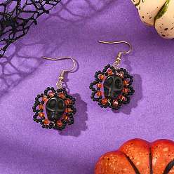 Orange Copper Beading Wire with Seed Glass Beads Dangle Earrings, Skull, Synthetic Turquoise Bead Dangle Earrings, Orange, 49x27.5mm