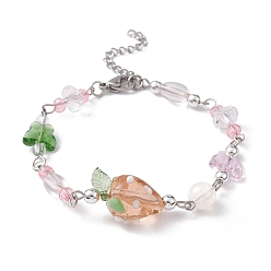 Colorful Strawberry Lampwork & Glass Butterfly Beaded Bracelets, with 304 Stainless Steel Chains, Colorful, 9 inch(22.8cm)