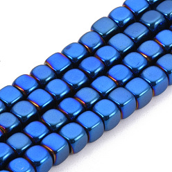 со Синим Покрытием Гальванизировать немагнитных синтетический гематит бисер пряди, кубические, с покрытием синим, 4x4x4 мм, отверстие : 2 мм, около 105 шт / нитка, 15.7 дюйм