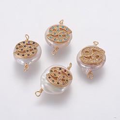 Cancer Natural Pearl Links connectors, with Brass Micro Pave Cubic Zirconia Findings, Flat Round with Constellation, Golden, Mixed Color, Cancer, 20~26x9~17x5~11mm, Hole: 1.6mm