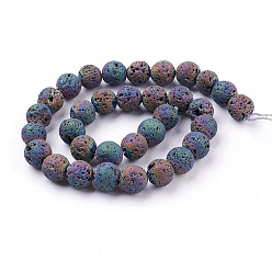 Multi-color Plated Vacuum Plating Electroplated Natural Lava Rock Bead Strands, Round, Multi-color Plated, 12mm, Hole: 1.5mm, about 33pcs/strand, 15.35 inch(39cm)