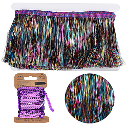Mixed Color 5M Polyester Tinsel Tassel Trimming, Tinsel Fringe, for DIY Craft Sewing Accessories, with 1Roll Sparkle PET Paillette Lace Ribbon, Mixed Color, 4 inch(100mm)