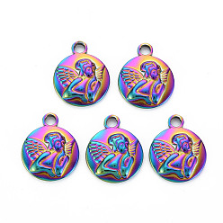 Rainbow Color 201 подвески из нержавеющей стали, плоские круглые с феей, Радуга цветов, 18.5x15x3.5 мм, отверстие : 2.5 мм