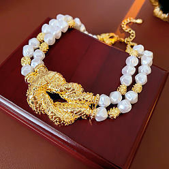 Золотой Женские колье-чокер с латунным узлом, пластиковой имитацией жемчуга Кеши, бисером и 2-нитью, белые, золотые, 16.89 дюйм (42.9 см)