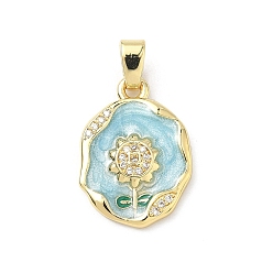 Светло-Голубой Латунные микро проложить кубического циркония подвески, с эмалью, долговечный, стойки покрытие, без свинца и без кадмия, овал с подвесками в виде цветов, Небесно-голубой, 21x15x3 мм, отверстие : 6x3 мм