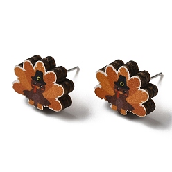 Цыпленок Деревянные серьги-гвоздики, с 316 хирургическим стержнем из нержавеющей стали, тема благодарения, серебряные, цвет шоколада, цыпленок, 12x15 мм