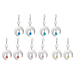 Mixed Color Antique Silver Alloy Star & Moon Dangle Earrings, with Glass Beads, Mixed Color, 70.5x32.5mm