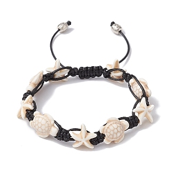 Floral White Synthetic Turquoise Starfish & Turtle Braided Bead Bracelet, with Polyester Cord, Floral White, Inner Diameter: 2-1/4~3-1/8 inch(5.8~8.05cm)