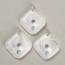 Quartz Crystal Natural Quartz Crystal Pendants, Rhombus Charms, with Brass Pave Cubic Zirconia Findings, Golden, 35~35.5x35~35.5x8~8.5mm, Hole: 5x6mm