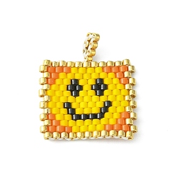 Оранжево-Красный Ручной работы миюки японский ткацкий станок с семенами бисер, прямоугольные подвески с улыбающимся лицом, оранжево-красный, 24x20.5x2 мм, отверстие : 2.5 мм