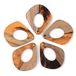 Orange Resin & Walnut Wood Pendants, Teardrop, Orange, 32.5x27.5x3mm, Hole: 2mm