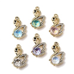Golden UV Plating Alloy Glass Pendants, Swan Charm, with Rhinestone, Faceted, Mixed Color, Golden, 25x13.5x8mm, Hole: 1.8mm