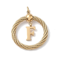 Letter F 304 подвески из нержавеющей стали, скрученный плоский круглый с буквой, ионное покрытие (ip), реальный 18 k позолоченный, с соединительными кольцами и 201 бусинами из нержавеющей стали, Буква F, 27x23.5~24x6 мм, отверстие : 3 мм