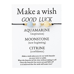 Круглые Браслеты из плетеных бусин из натурального аквамарина, лунного камня и цитрина, регулируемый браслет, круглые, 6-1/4~10-1/4 дюйм (16~26 см)