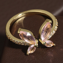 Бледно-Розовый Кольца-манжеты из латуни с микропаве из кубического циркония в виде бабочки, золотые, розовый жемчуг, 11 мм, внутренний диаметр: 17~19 мм